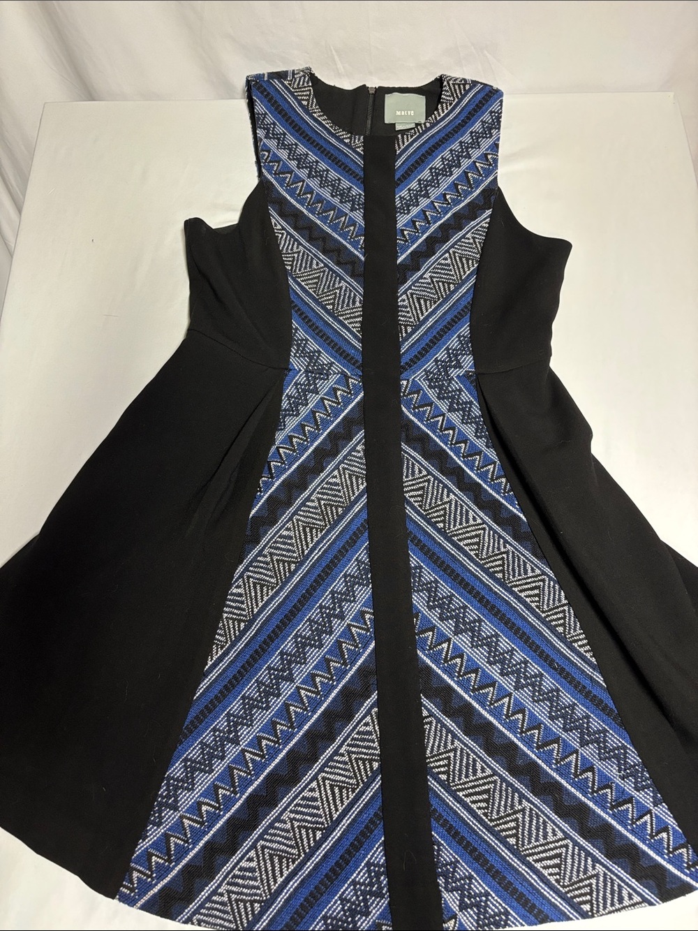 Maeve Anthropologie Dress 10P Blue Black Geometric Fit & Flare Petite